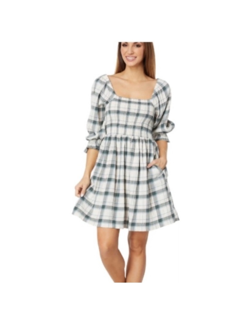 Madewell Plaid Square-Neck Smocked Waist Dress size S